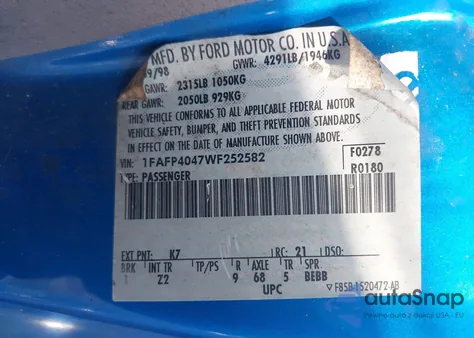 1998 Ford Mustang z USA, uszkodzony, nr VIN 1FAFP4047WF252582